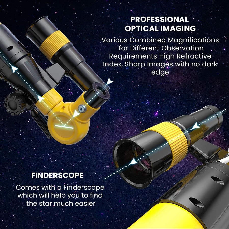 Professional Product Title: "Astroshot Kids Telescope - Educational Astronomy Toy Telescope with Multiple Magnifications, Finderscope, Tripod, Objective Lens, and Mobile Holder | Beginner's Travel Telescope (Yellow)"