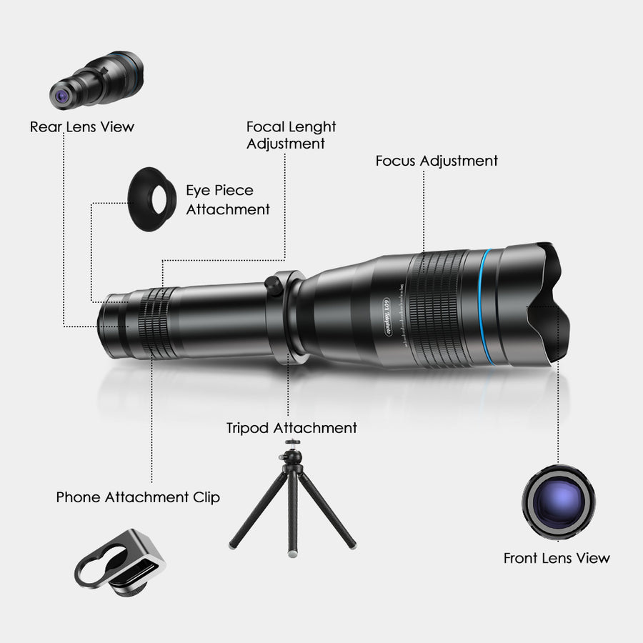 Professional title: "High-Powered 60X Super Telephoto Zoom Lens for Mobile Photography and Outdoor Adventures"