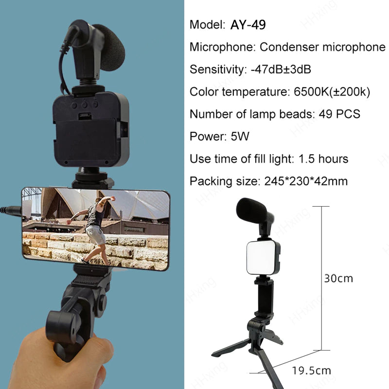 Professional Title: "Portable Smartphone Video Kit with Lighting, Microphone, and Tripod for Photography and Recording"