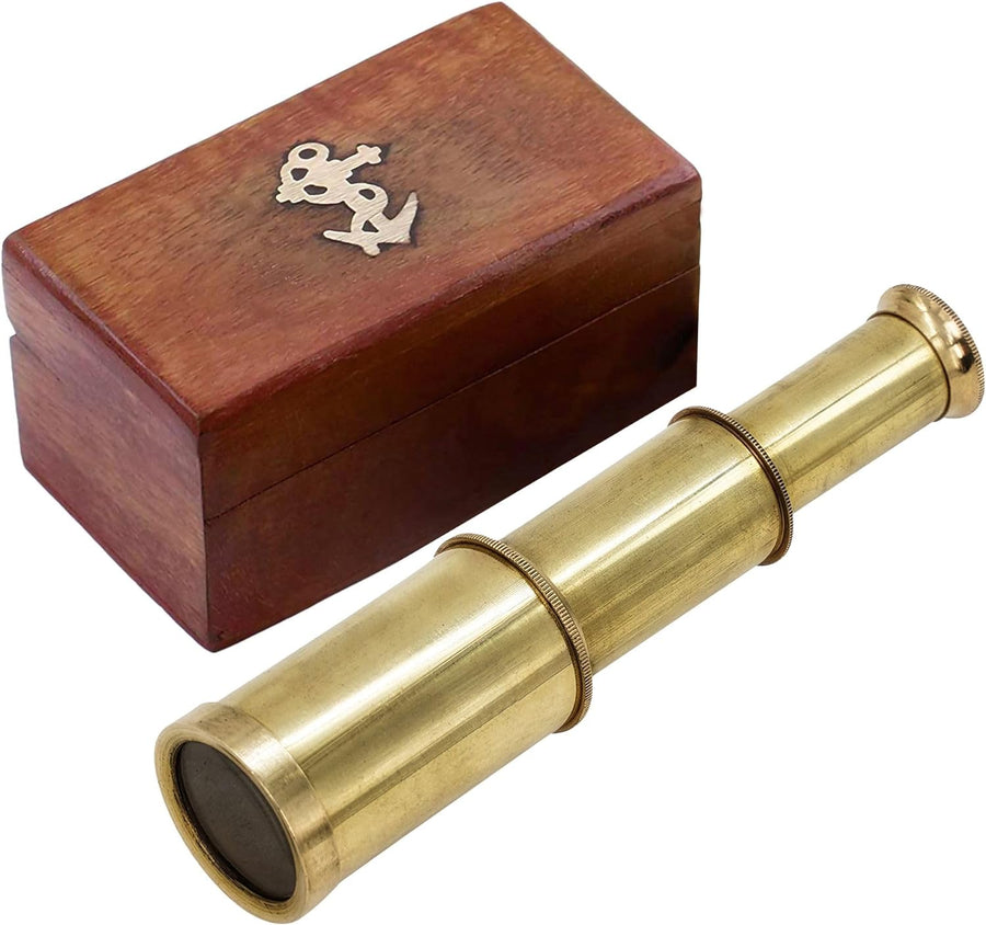 Professional Title: "Vintage Brass Collapsible Hand Telescope with Wooden Box - 6 Inch, Ideal for Pirate Décor and Collectors"