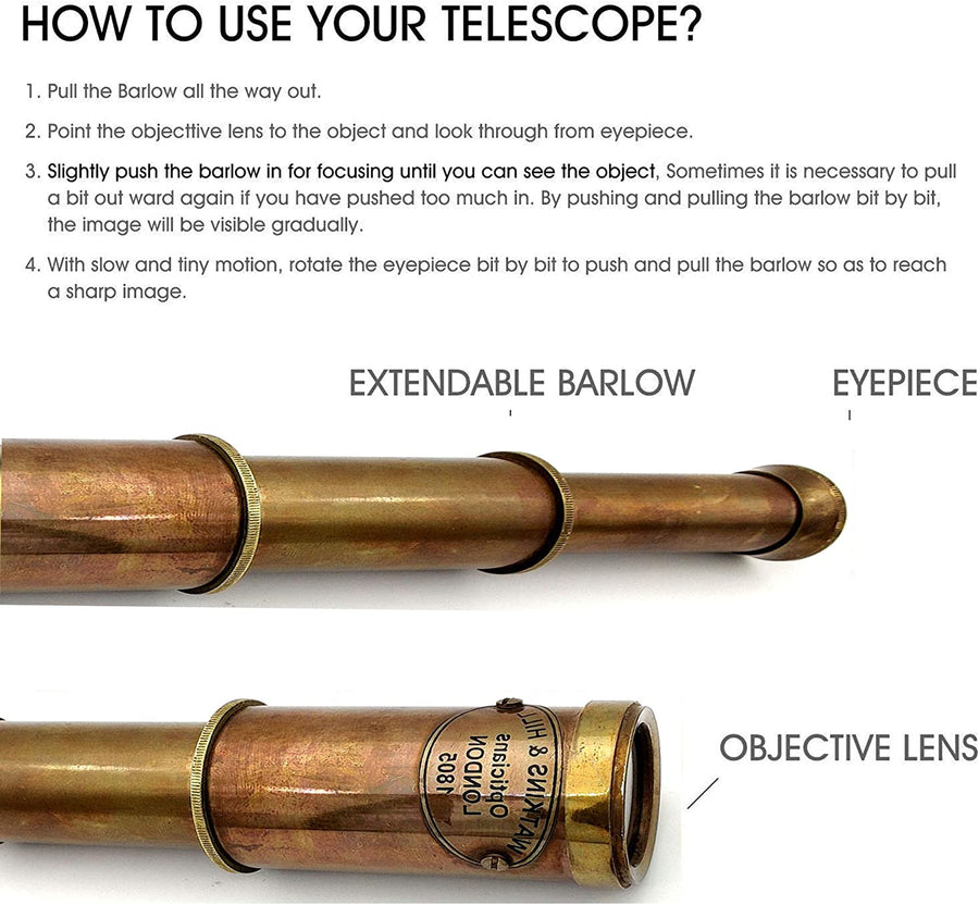 "Premium Nautical Brass Spyglass Telescope with Wooden Box - High-Quality Brass Pirate Telescope, Collapsible Monocular Spyglass with Glass Optics - Ideal Decorative Telescope for Kids (Polish Finish)"