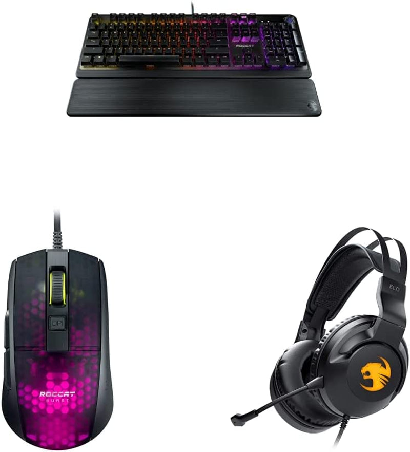 Pyro Mechanical Gaming Keyboard with RGB Lightning, Black (ROC-12-622) Burst Pro Lightweight Optical Gaming Mouse &  Elo 7.1 USB Wired Surround Sound PC Gaming Headset