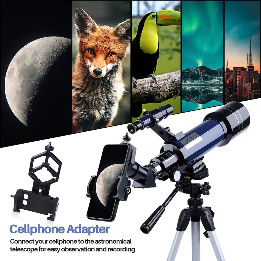 Professional title: "Portable Astronomical Refractor Telescope with Cellphone Adapter Mount, Backpack, and Adjustable Tripod - Ideal for Kids, Beginners, and Moon Viewing - 70mm Aperture Astronomy Telescopes"