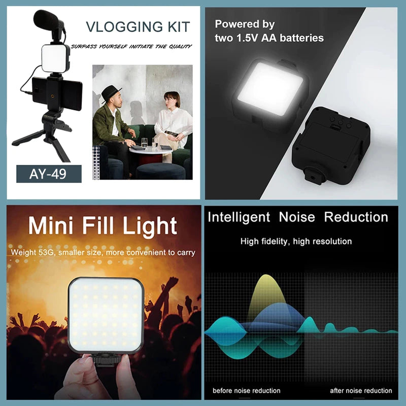Professional Title: "Portable Smartphone Video Kit with Lighting, Microphone, and Tripod for Photography and Recording"