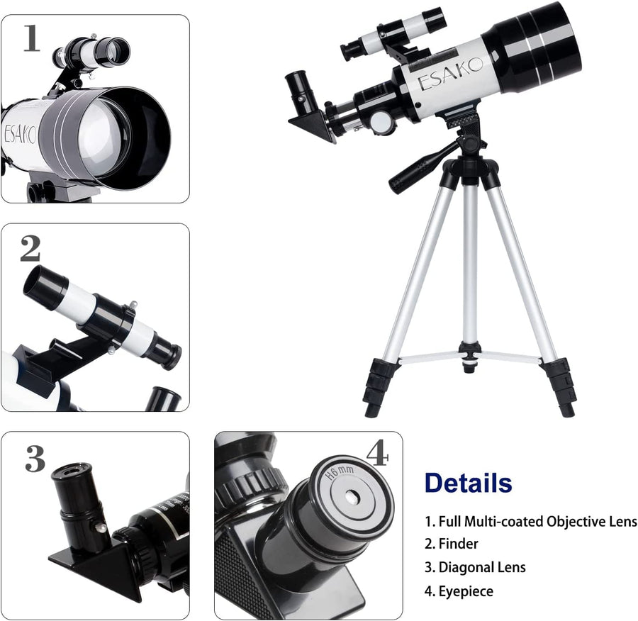 Telescope for Kids & Astronomy Beginners, 70Mm Aperture Portable Telescopes with 3 Eyepieces, Height Adjustable Tripod & Phone Adapter Gift for Kids