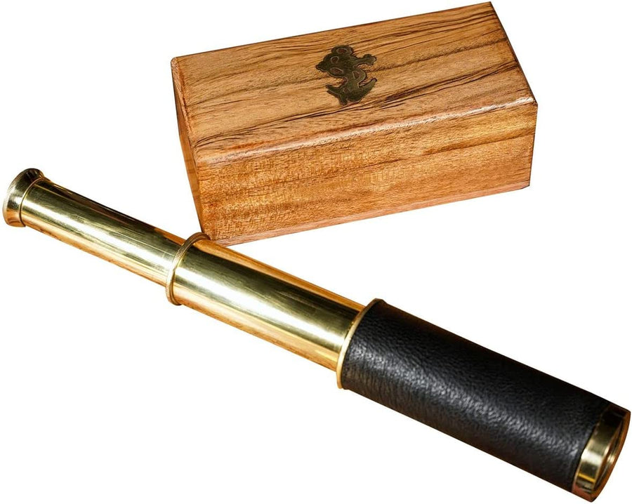 Professional Product Title: "Vintage Brass Collapsible Hand Telescope with Wooden Box - Mini Pirate Spyglass for Decoration and Collectors - 6''"