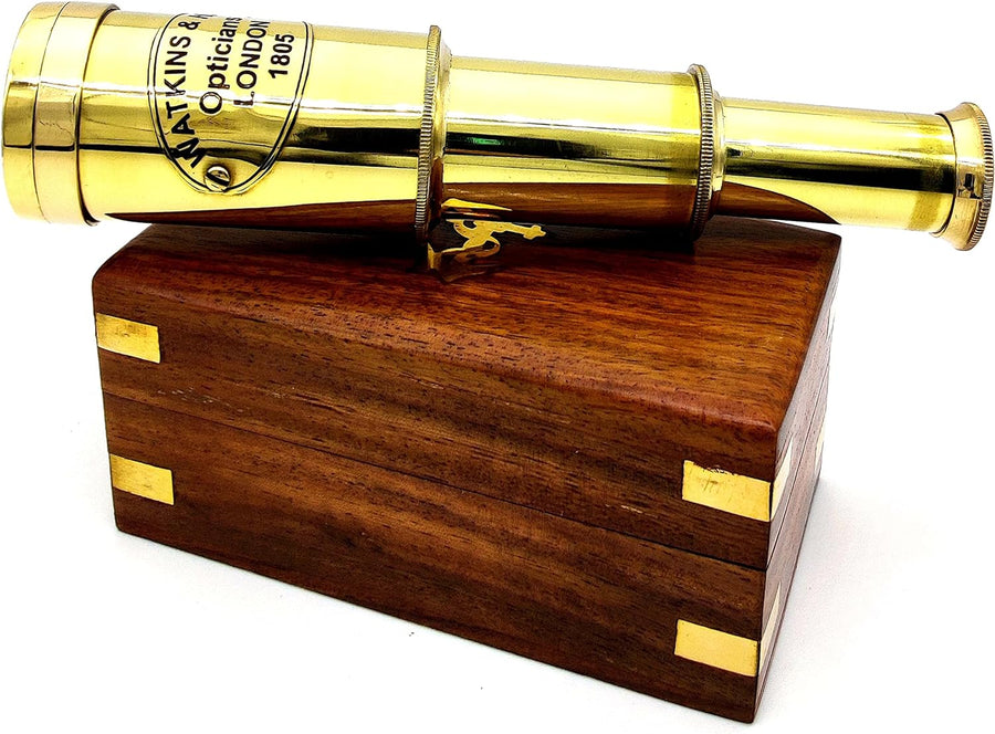 "Premium Nautical Brass Spyglass Telescope with Wooden Box - High-Quality Brass Pirate Telescope, Collapsible Monocular Spyglass with Glass Optics - Ideal Decorative Telescope for Kids (Polish Finish)"