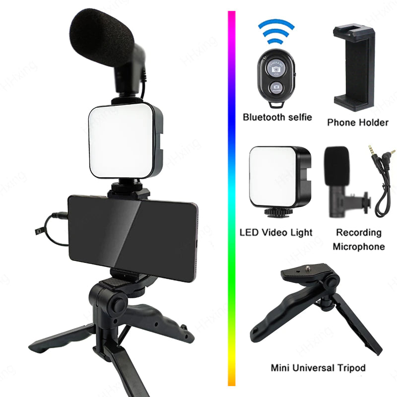 Professional Title: "Portable Smartphone Video Kit with Lighting, Microphone, and Tripod for Photography and Recording"