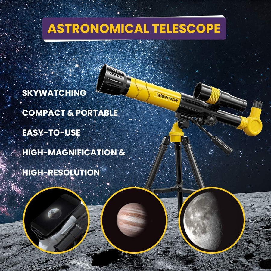 Professional Product Title: "Astroshot Kids Telescope - Educational Astronomy Toy Telescope with Multiple Magnifications, Finderscope, Tripod, Objective Lens, and Mobile Holder | Beginner's Travel Telescope (Yellow)"