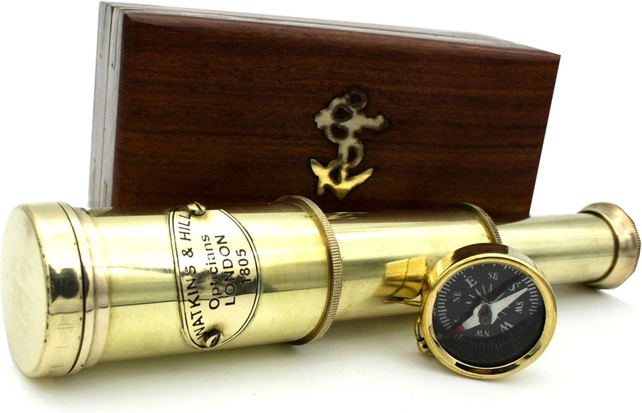 "Premium Nautical Brass Spyglass Telescope with Wooden Box - High-Quality Brass Pirate Telescope, Collapsible Monocular Spyglass with Glass Optics - Ideal Decorative Telescope for Kids (Polish Finish)"