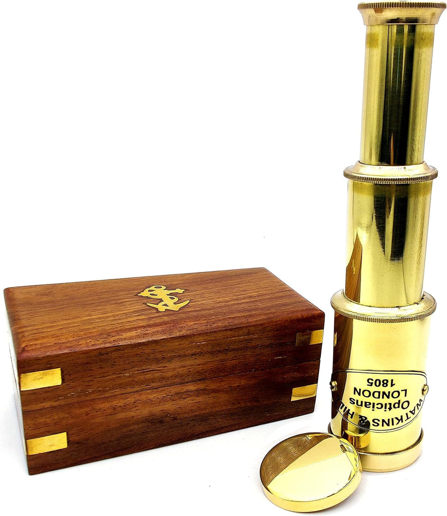 "Premium Nautical Brass Spyglass Telescope with Wooden Box - High-Quality Brass Pirate Telescope, Collapsible Monocular Spyglass with Glass Optics - Ideal Decorative Telescope for Kids (Polish Finish)"