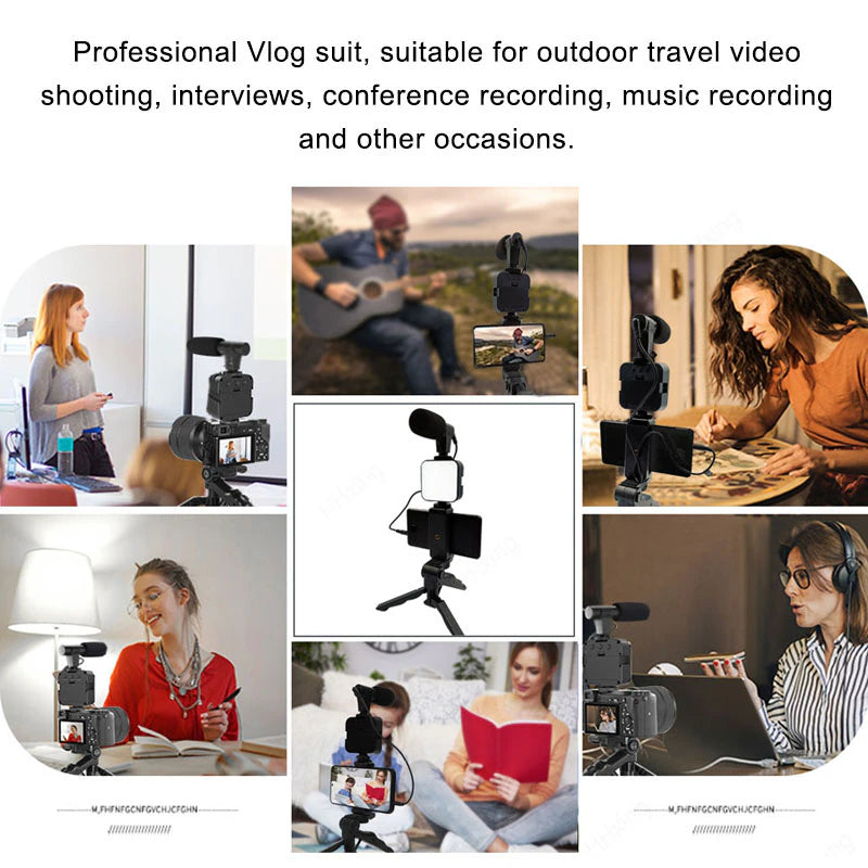 Professional Title: "Portable Smartphone Video Kit with Lighting, Microphone, and Tripod for Photography and Recording"