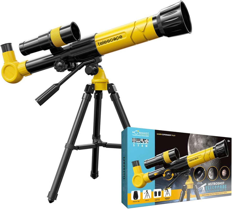 Professional Product Title: "Astroshot Kids Telescope - Educational Astronomy Toy Telescope with Multiple Magnifications, Finderscope, Tripod, Objective Lens, and Mobile Holder | Beginner's Travel Telescope (Yellow)"