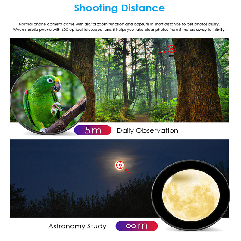 Professional title: "High-Powered 60X Super Telephoto Zoom Lens for Mobile Photography and Outdoor Adventures"