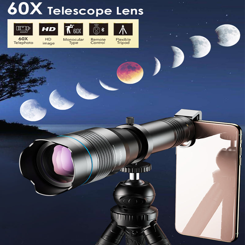 Professional title: "High-Powered 60X Super Telephoto Zoom Lens for Mobile Photography and Outdoor Adventures"