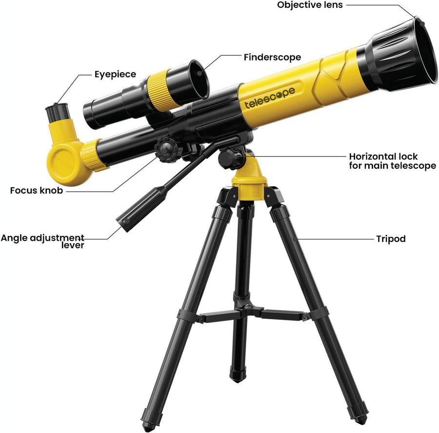 Professional Product Title: "Astroshot Kids Telescope - Educational Astronomy Toy Telescope with Multiple Magnifications, Finderscope, Tripod, Objective Lens, and Mobile Holder | Beginner's Travel Telescope (Yellow)"